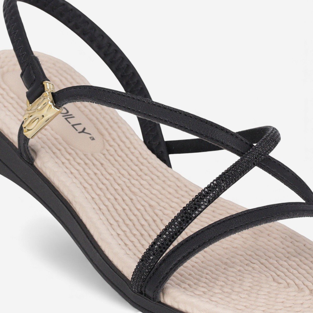 Sandália Rasteira Piccadilly Com Strass Preta Preto 3