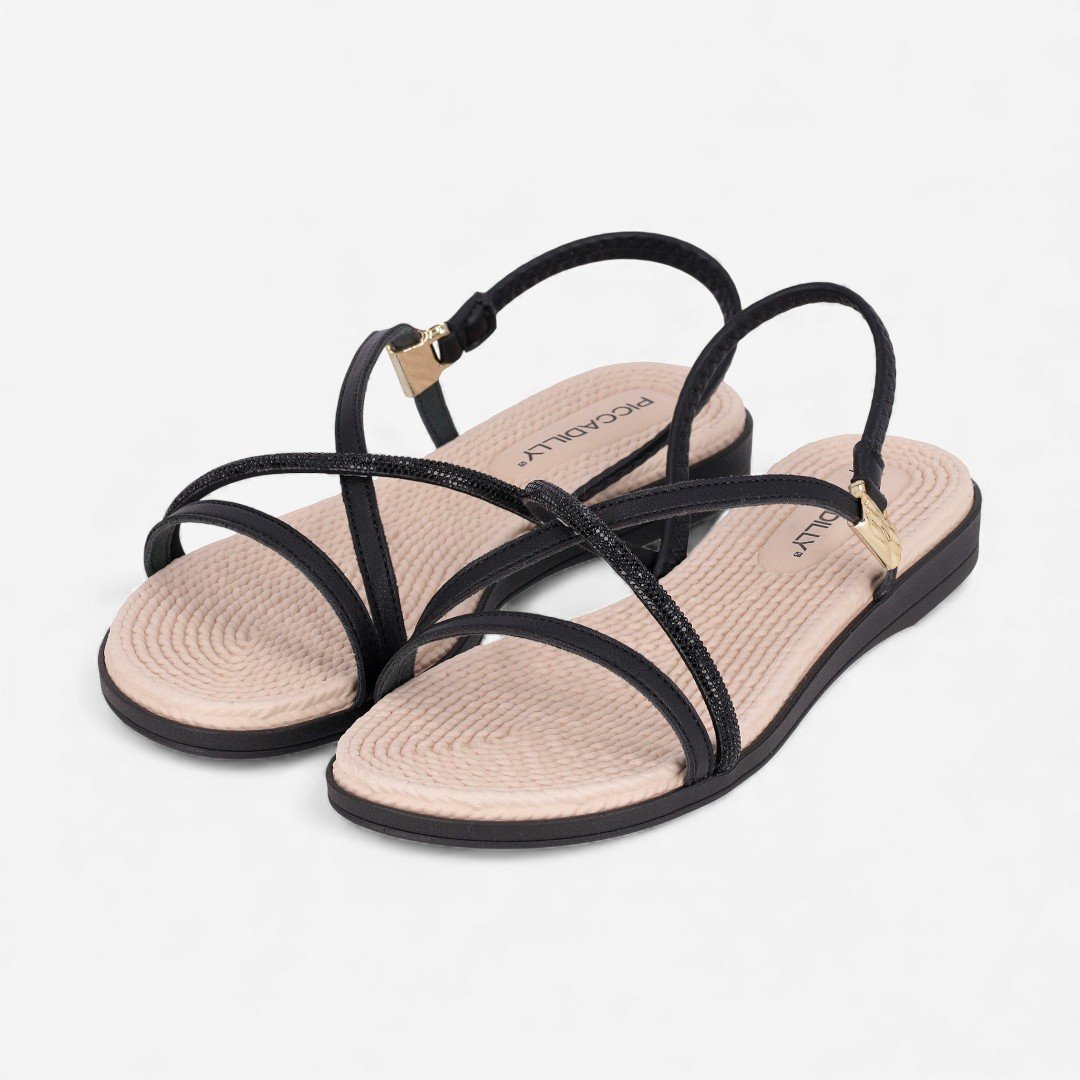 Sandália Rasteira Piccadilly Com Strass Preta Preto 2