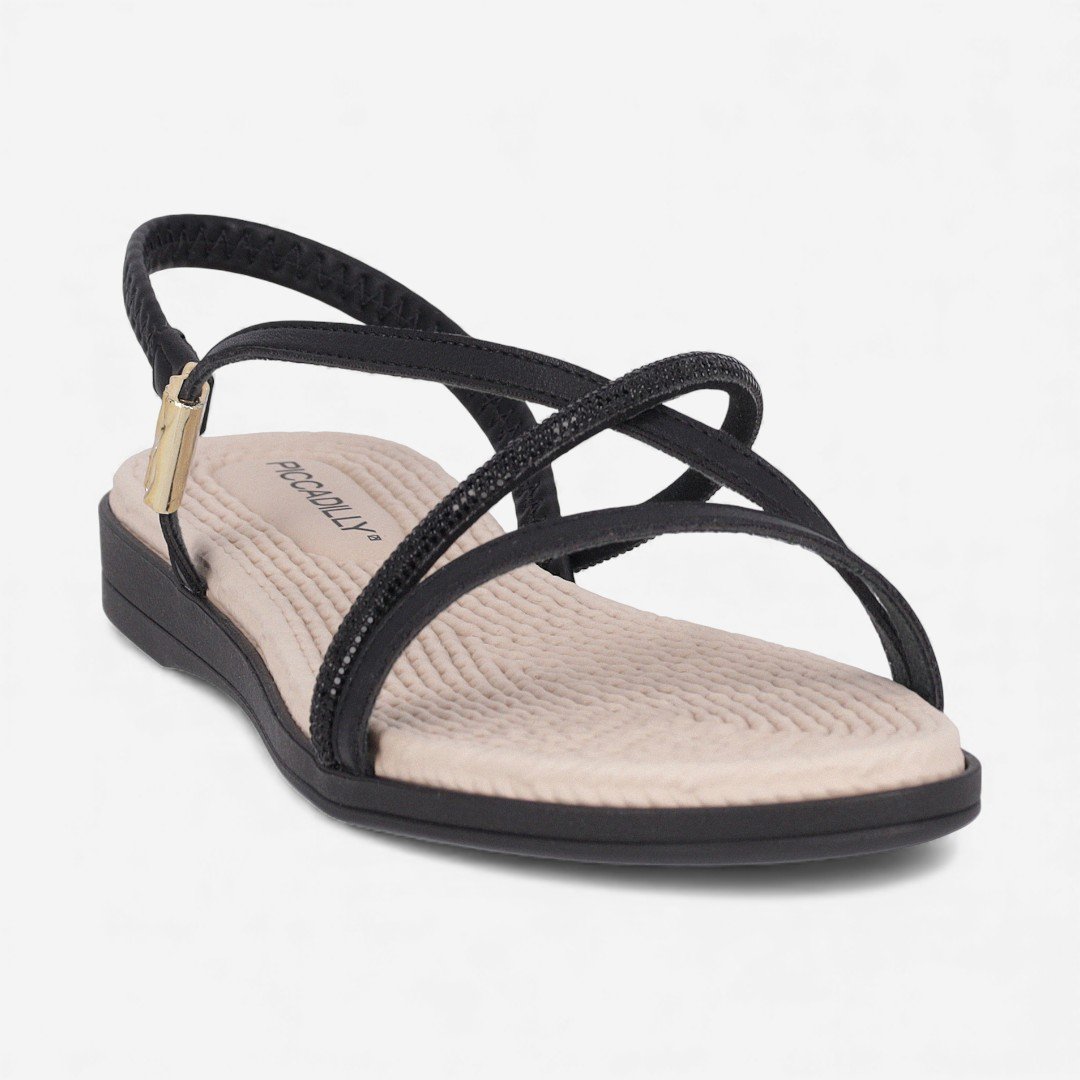 Sandália Rasteira Piccadilly Com Strass Preta Preto 4