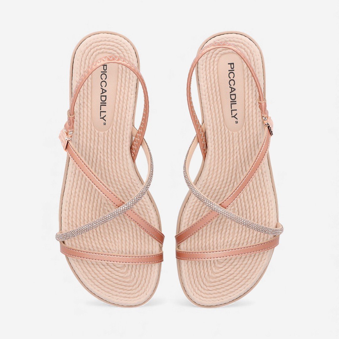 Sandália Rasteira Piccadilly Com Strass Rosê Rose Gold 5