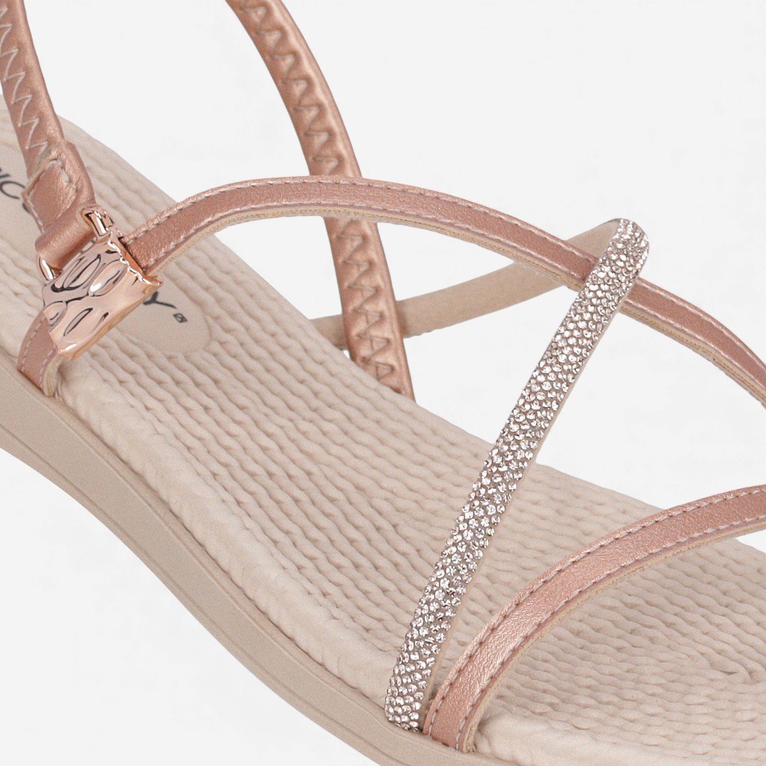 Sandália Rasteira Piccadilly Com Strass Rosê Rose Gold 3