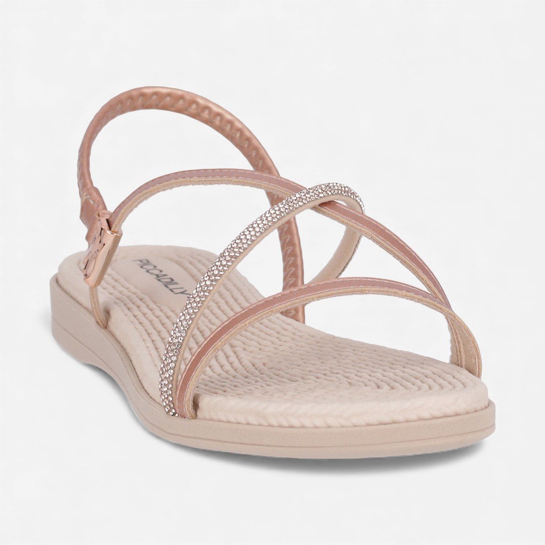 Sandália Rasteira Piccadilly Com Strass Rosê Rose Gold 4