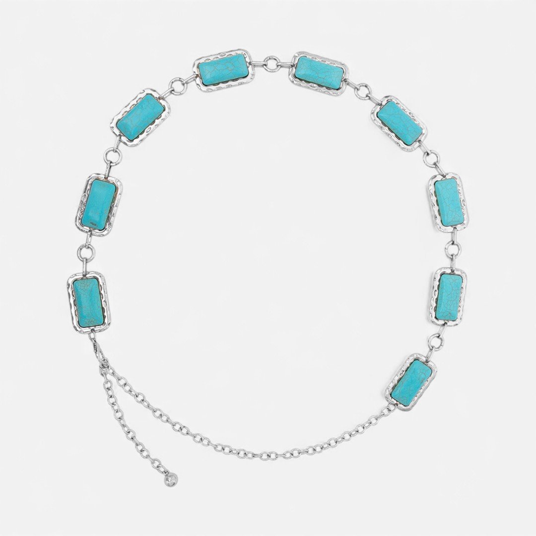 Cinto Corrente Prata Com Pedra Turquesa Feminino