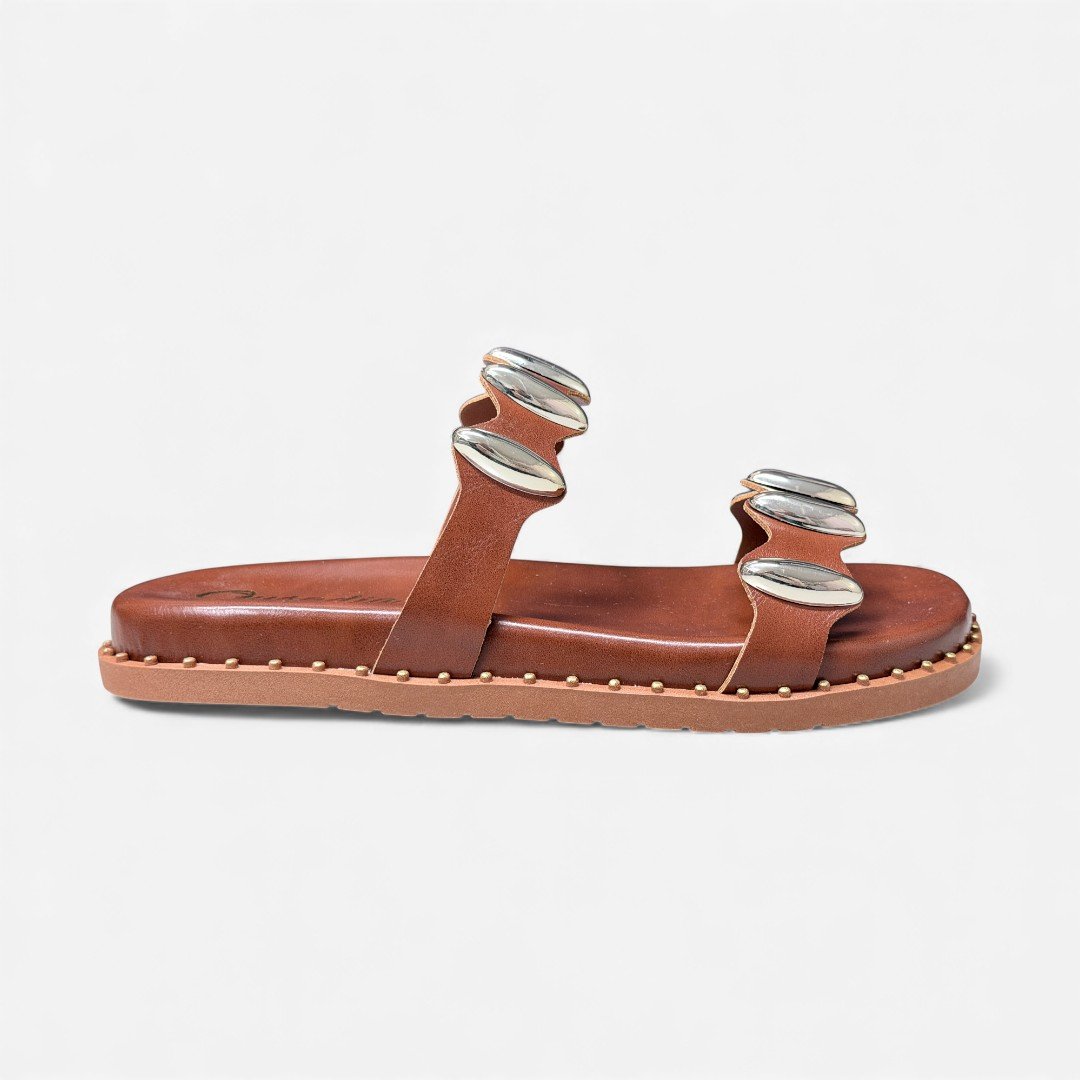 Chinelo Slide Papete Caramelo Com Metais