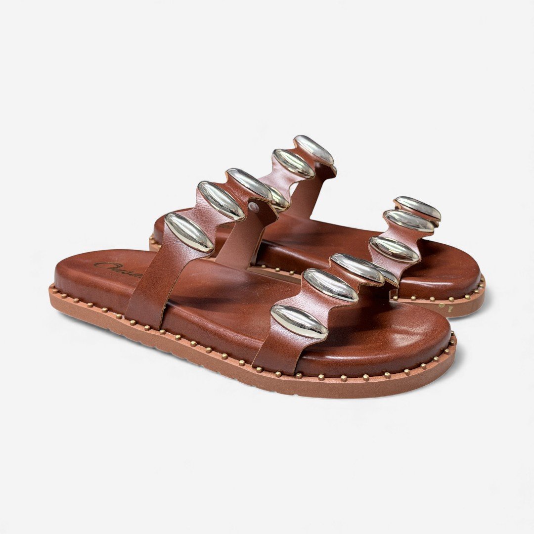 Chinelo Slide Papete Caramelo Com Metais Marrom 3