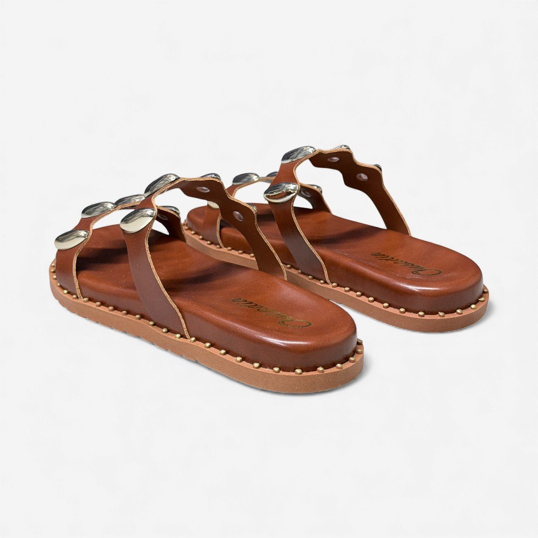 Chinelo Slide Papete Caramelo Com Metais Marrom 5