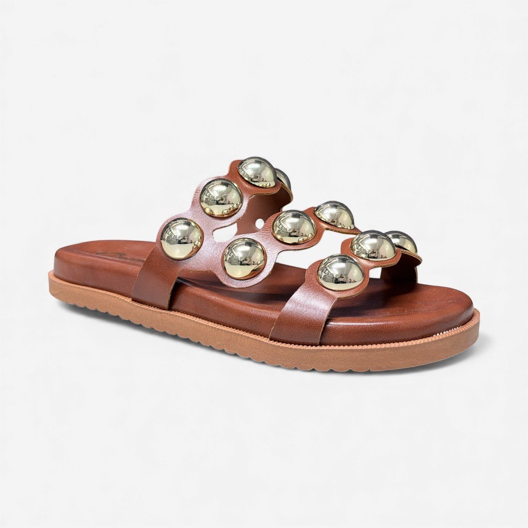 Chinelo Slide Papete Caramelo Com Metais Marrom 2