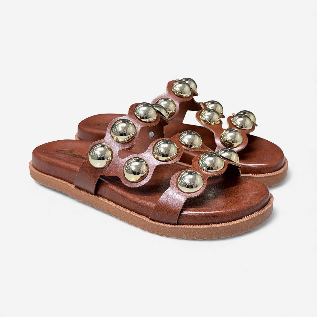 Chinelo Slide Papete Caramelo Com Metais Marrom 3
