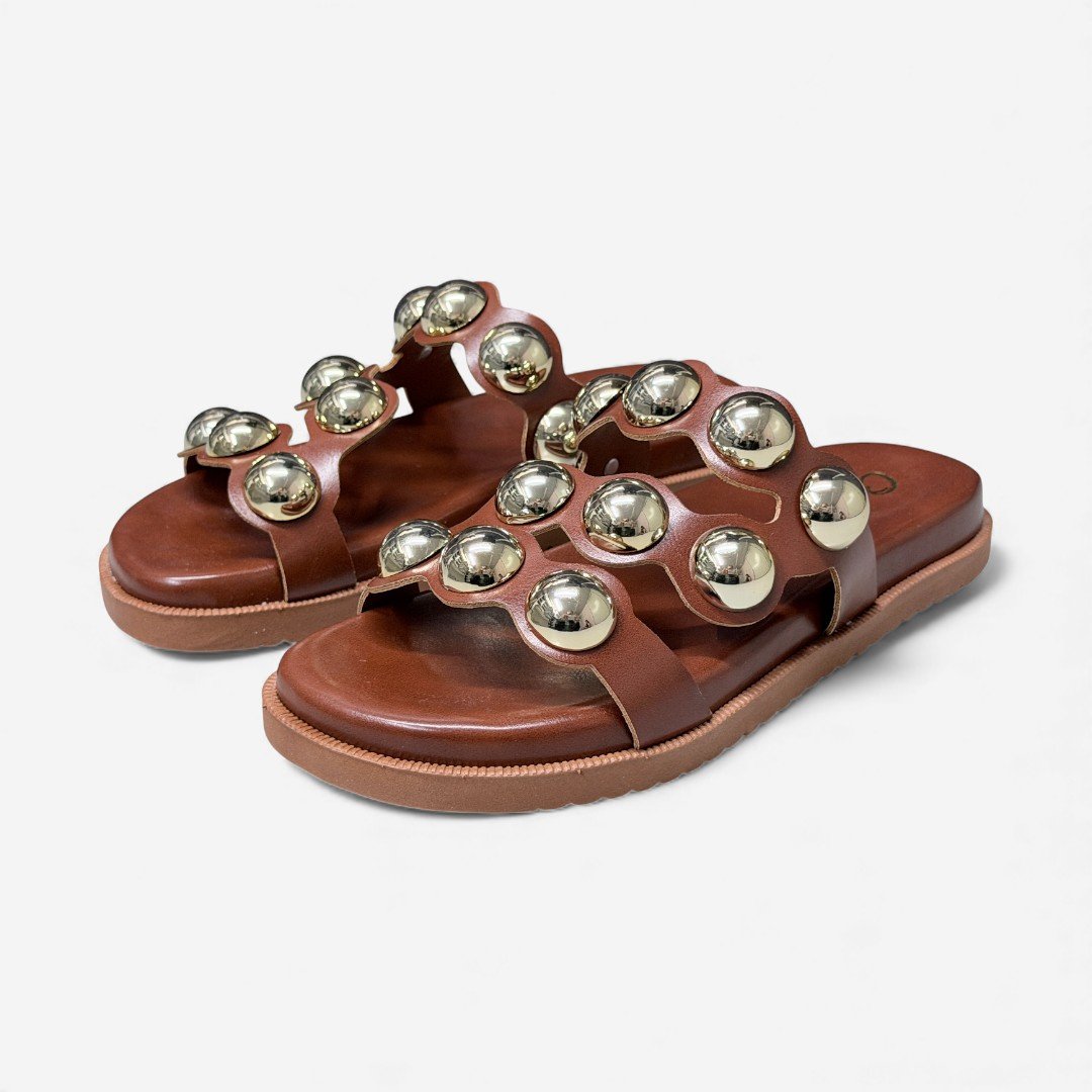 Chinelo Slide Papete Caramelo Com Metais Marrom 4