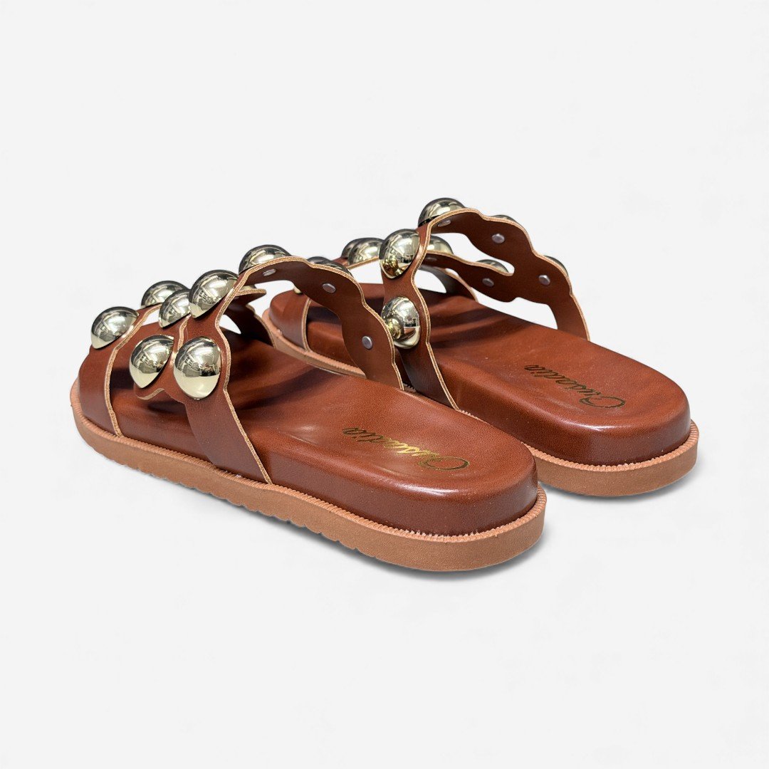 Chinelo Slide Papete Caramelo Com Metais Marrom 5