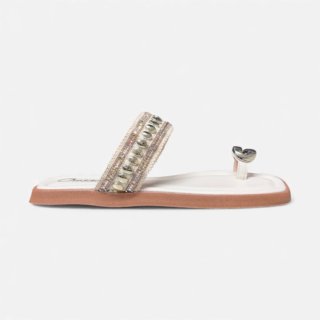 Chinelo Slide Manta Étnica e Pedras Off White