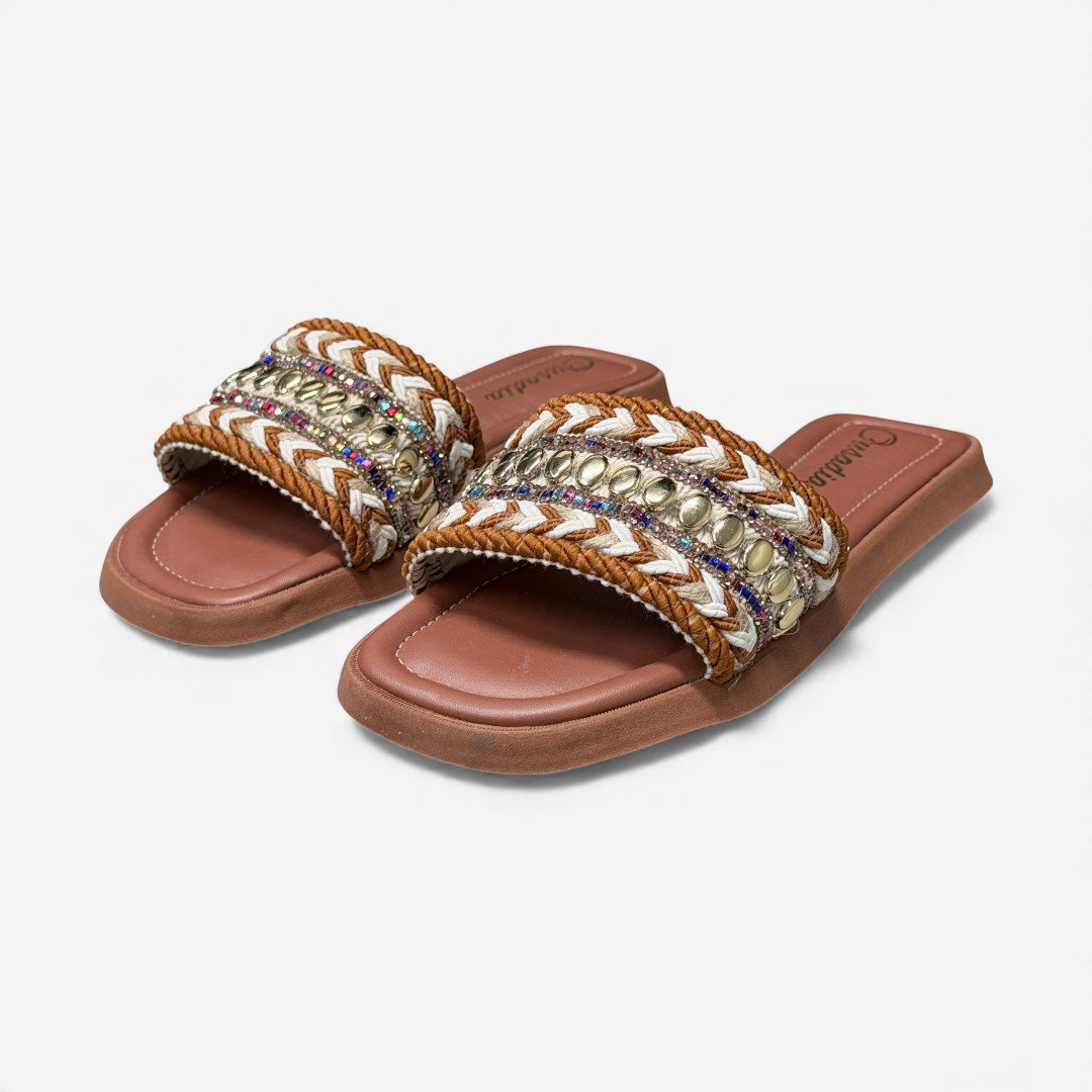 Chinelo Slide Manta Étnica e Pedras Caramelo Caramelo 4