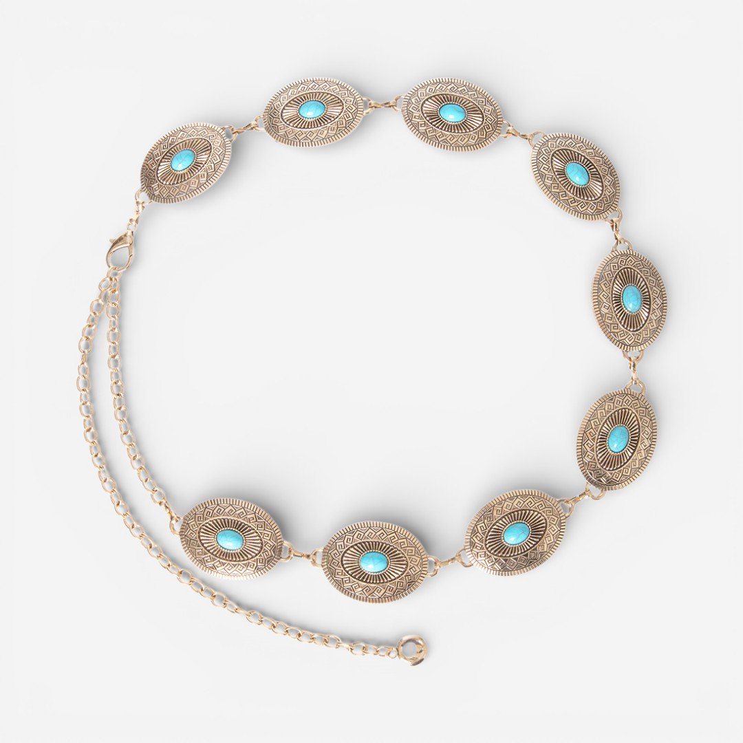 Cinto Feminino Dourado Corrente com Pedra Azul