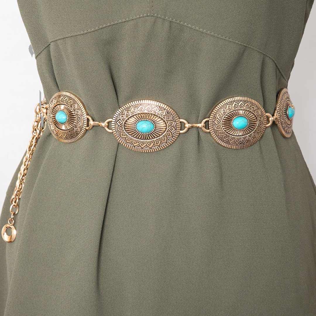 Cinto Feminino Dourado Corrente com Pedra Azul Dourado 2