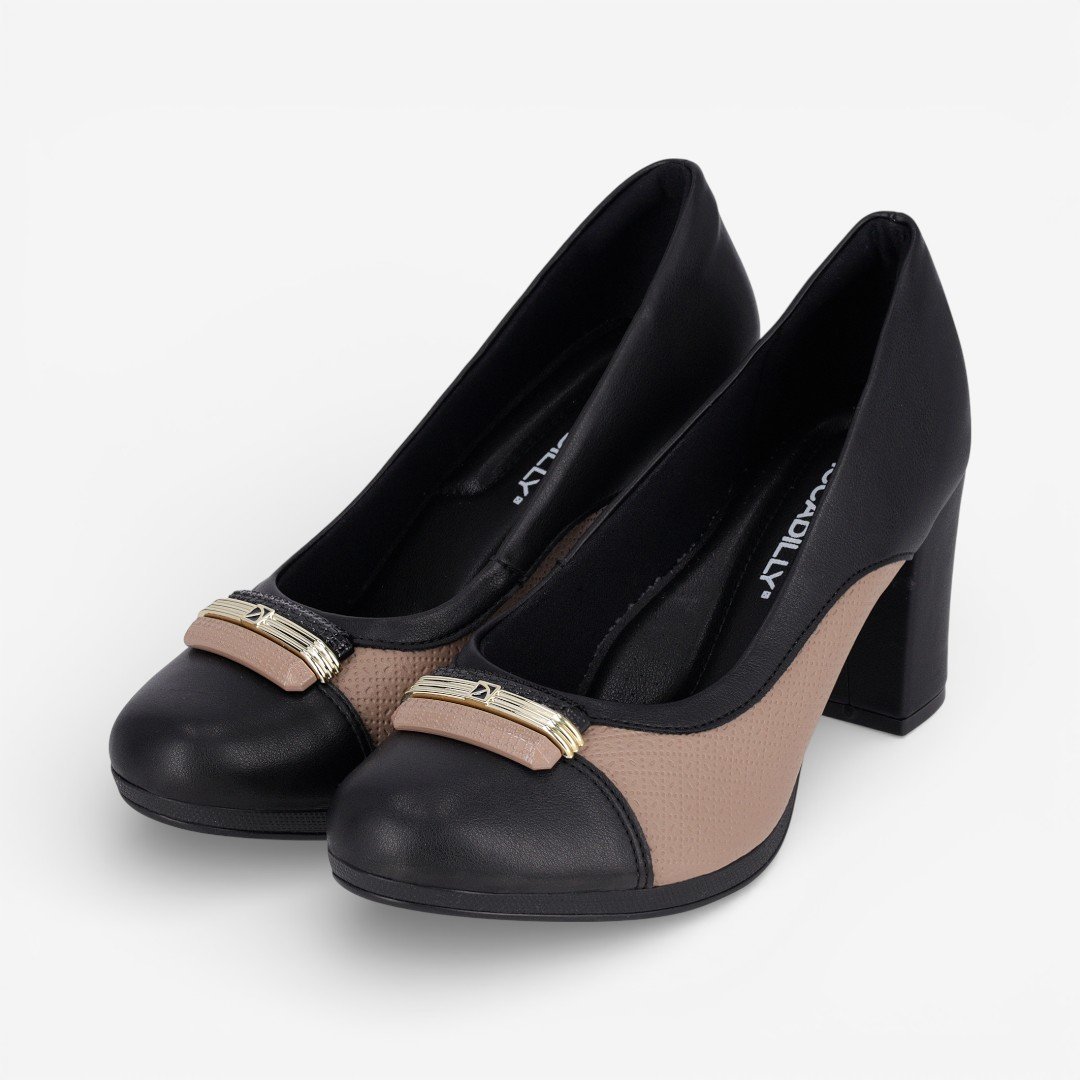 Sapato Piccadilly Salto Bloco Preto com Bege Preto/Bege 2