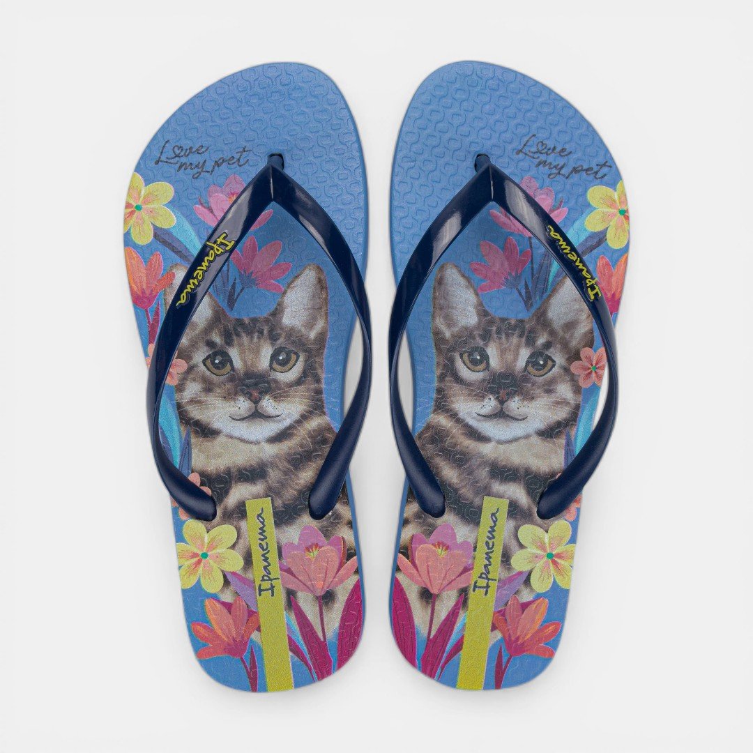 Chinelo De Dedo My Pets Ipanema Com Chaveiro Gato Azul
