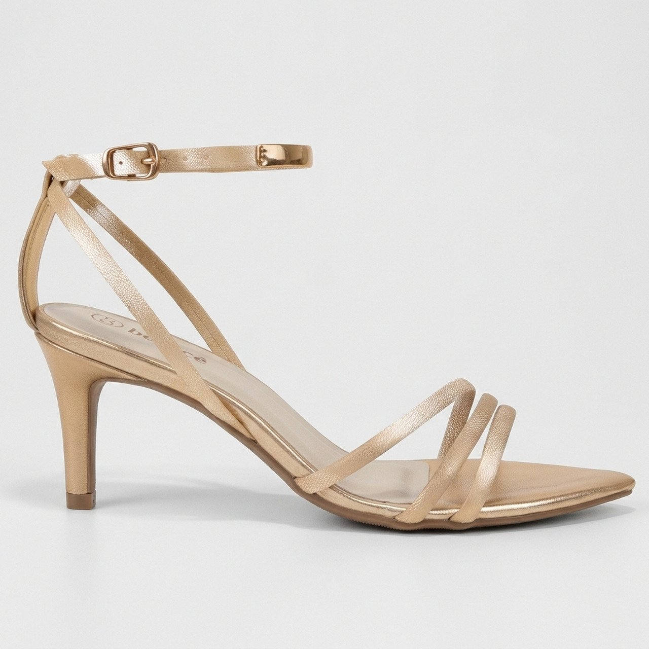 Sandália Bebecê Salto Fino Bico Folha Metalizada Dourada