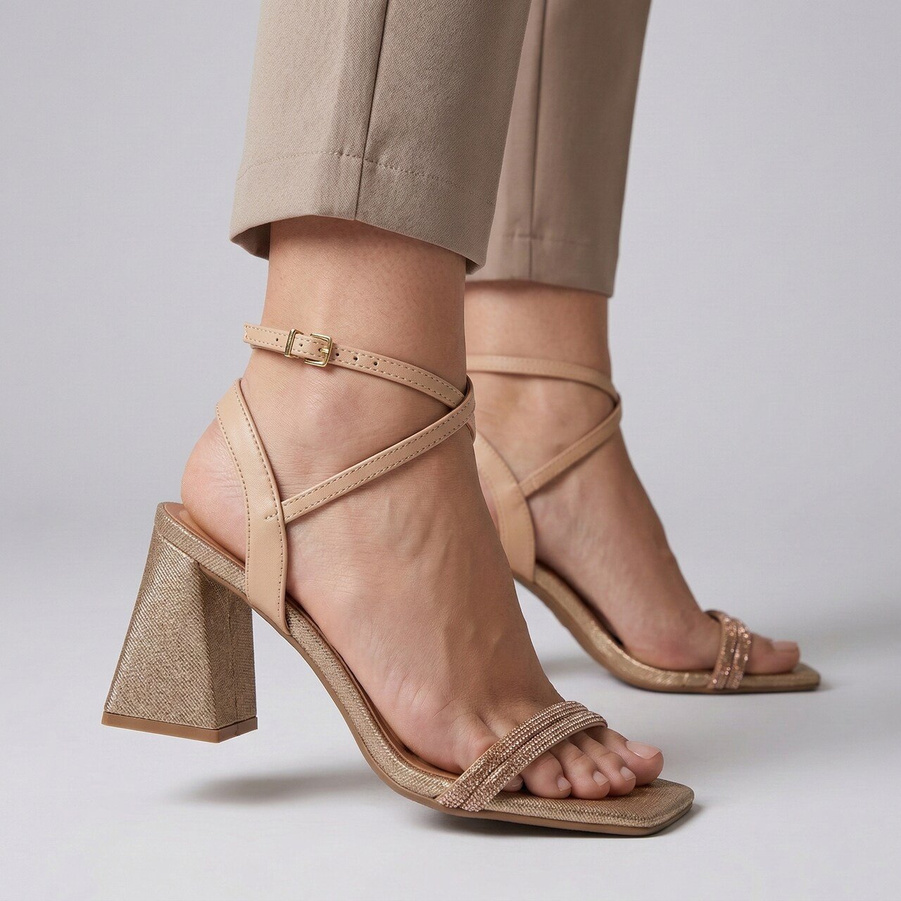 Sandália Vizzano Salto Bloco Com Strass Bege Bege/Dourado 2