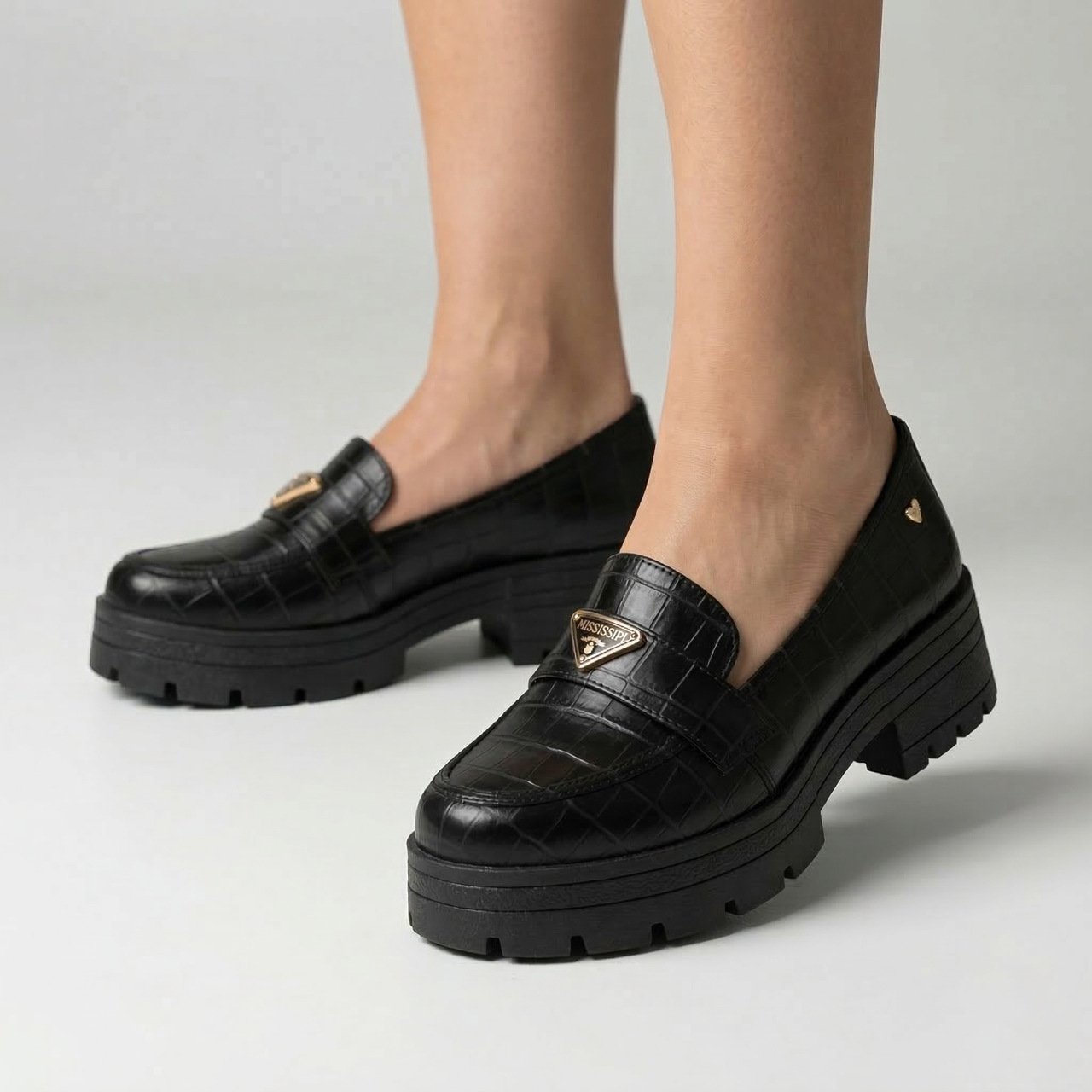 Sapato Loafer Mississipi Feminino Croco Preto Preto 2
