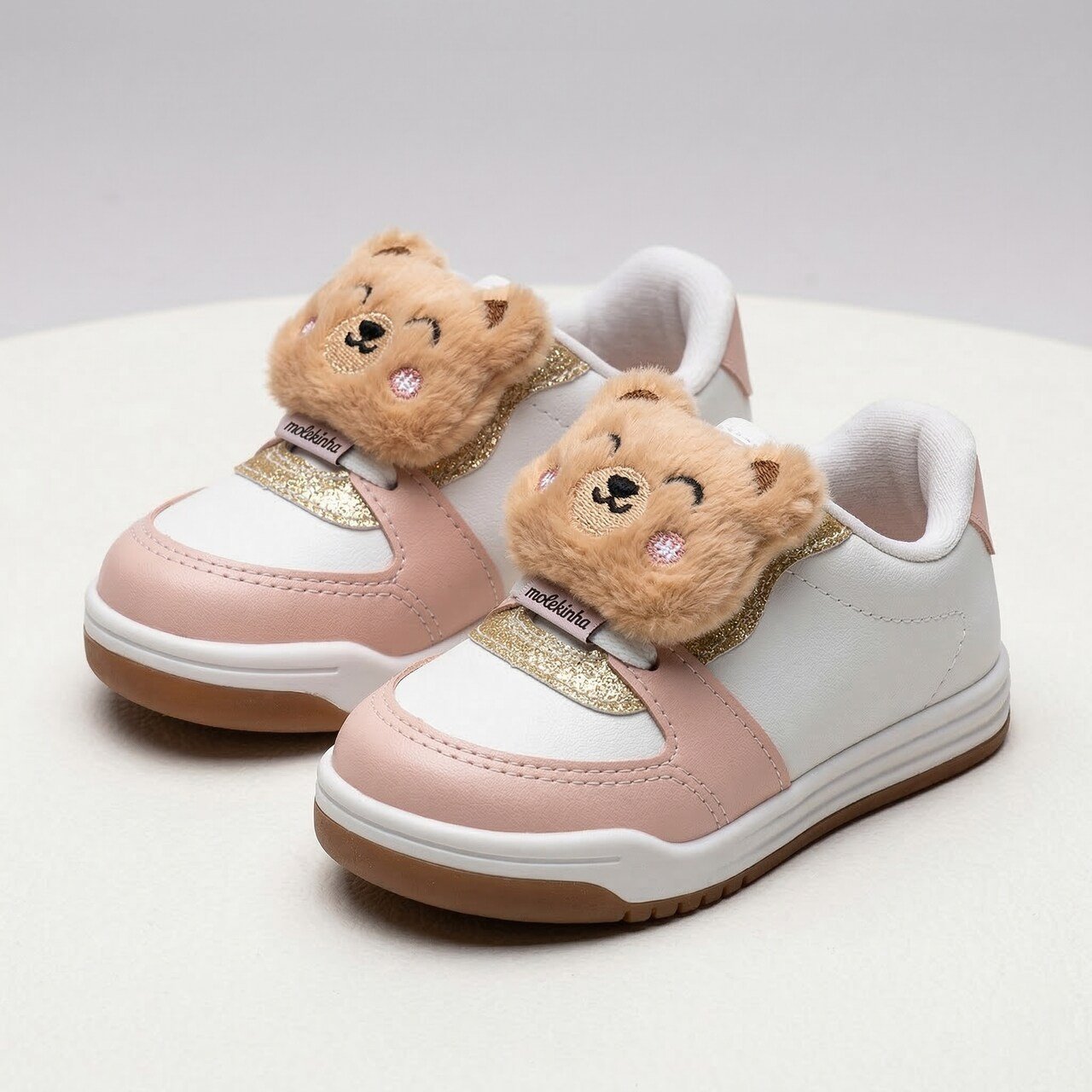 Tênis Molekinha Bebê Infantil Com Pelúcia Ursinho Branco Branco/Rosa 2