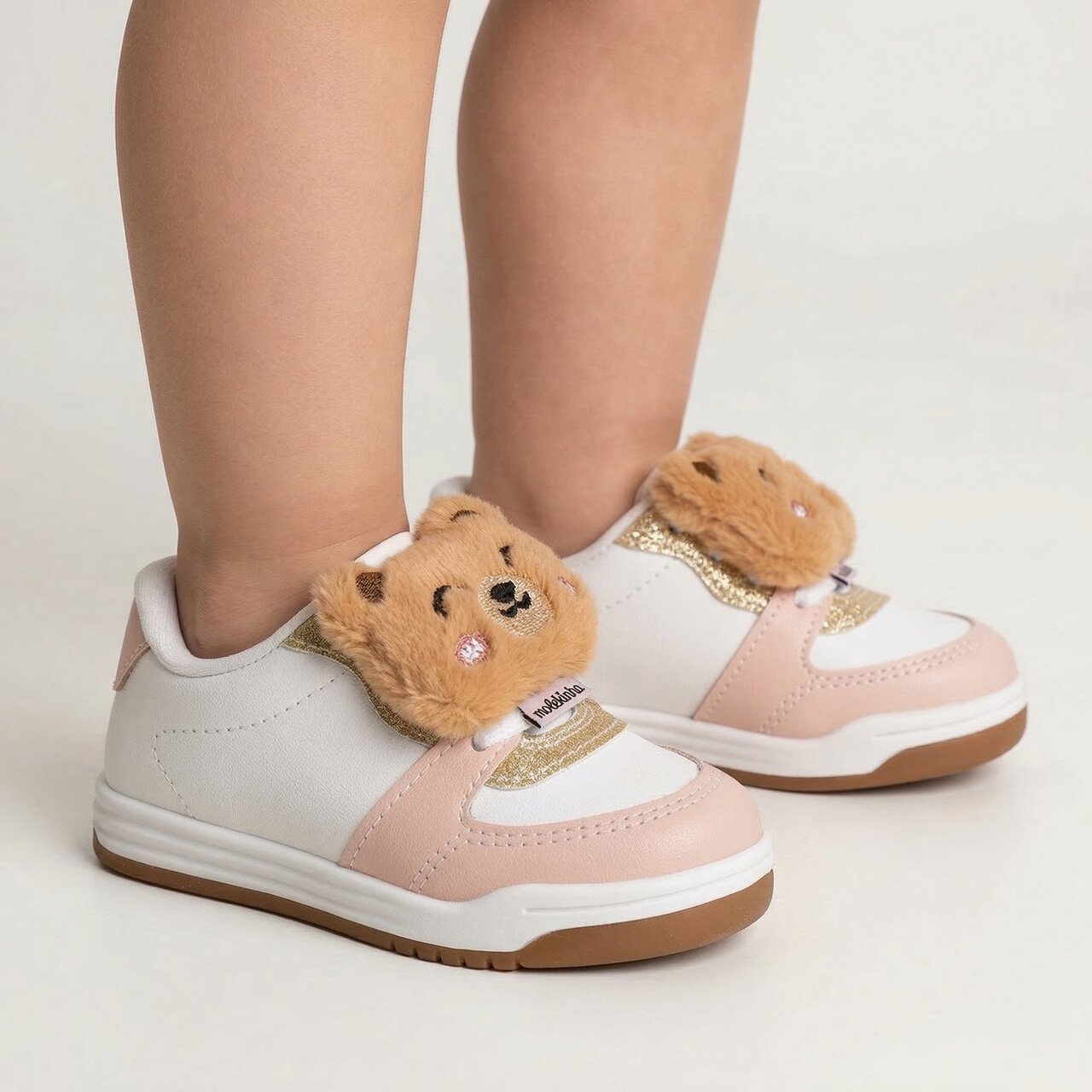 Tênis Molekinha Bebê Infantil Com Pelúcia Ursinho Branco Branco/Rosa 3