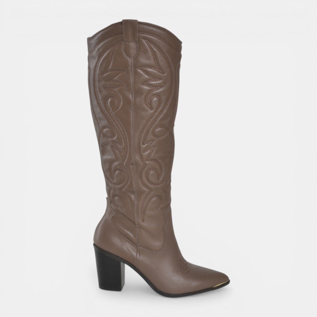 Bota Western Via Marte Cano Longo Em Couro Marrom Claro