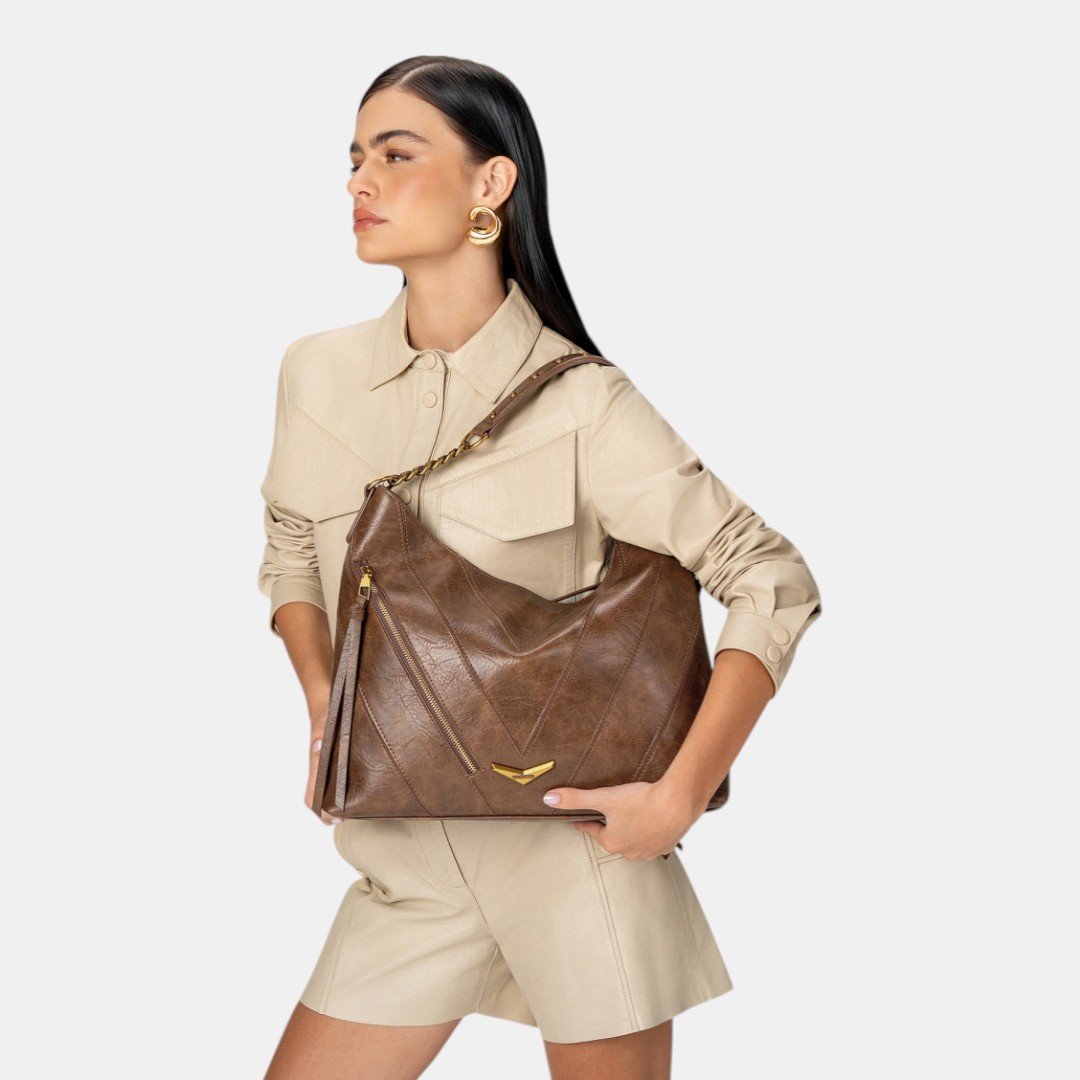 Bolsa Hobo Via Marte Grande Marrom Bege 4