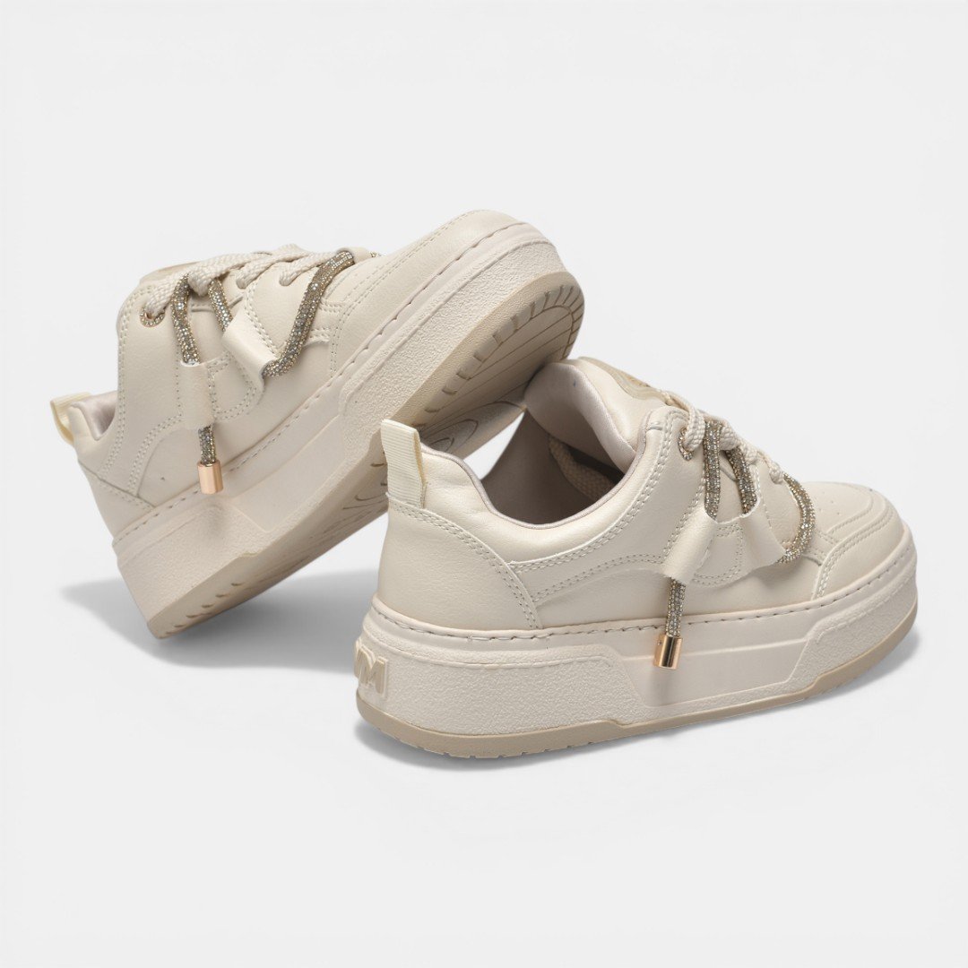 Tênis Via Marte Casual Plataforma Marfim com Strass Bege 4