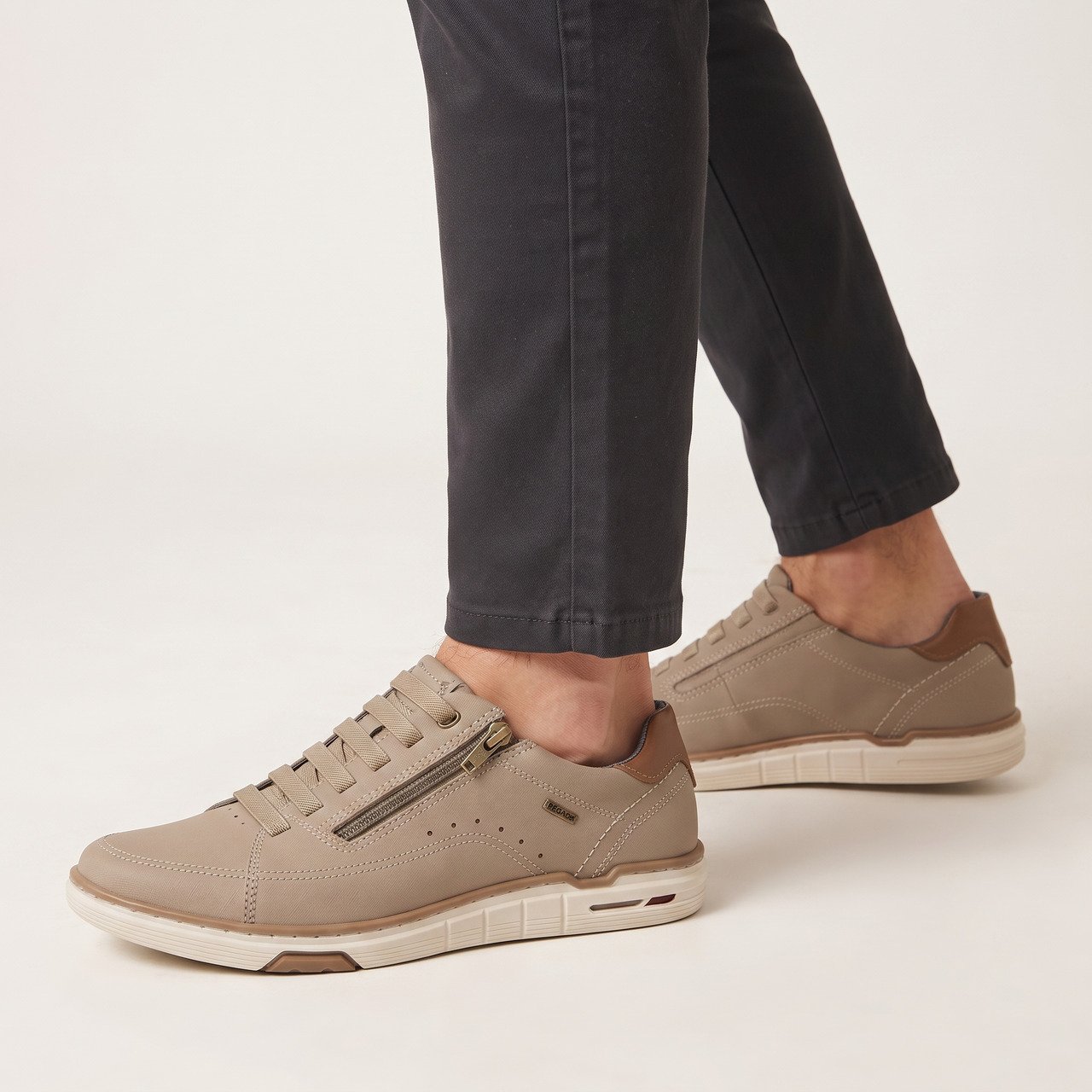 Tênis Pegada Casual Masculino Em Couro Areia Bege 2