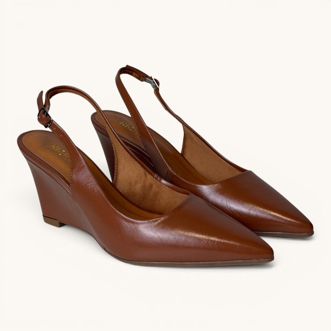 Scarpin Slingback Rio Sul Anabela Com Bico Fino Caramelo Bege 3