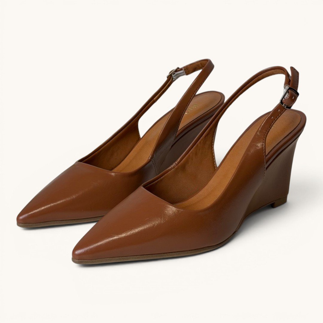 Scarpin Slingback Rio Sul Anabela Com Bico Fino Caramelo Bege 4