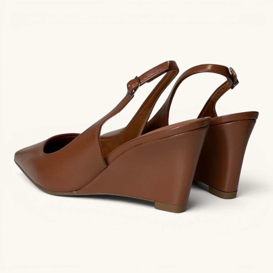 Scarpin Slingback Rio Sul Anabela Com Bico Fino Caramelo Bege 5
