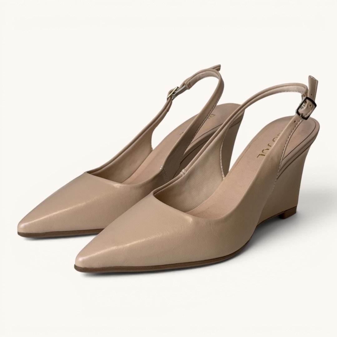 Scarpin Slingback Rio Sul Anabela Com Bico Fino Bege Marrom 4