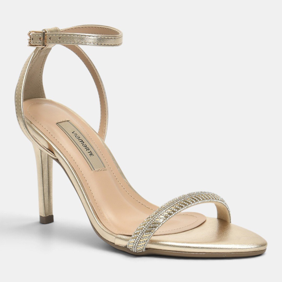 Sandália Via Marte Glam Strass Salto Alto Dourada Dourado 2