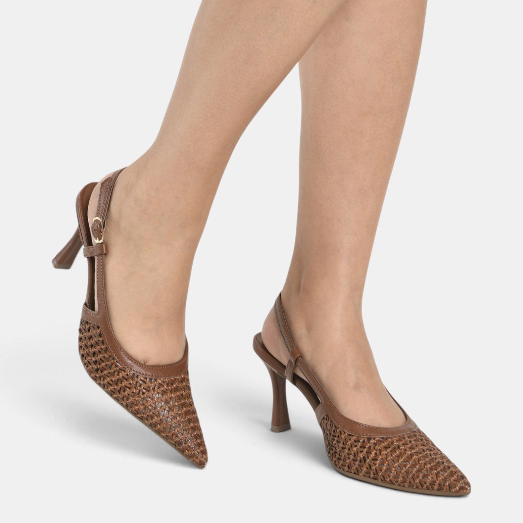 Slingback Scarpin Via Marte Tressê Elegance Salto Alto Marrom Marrom 3