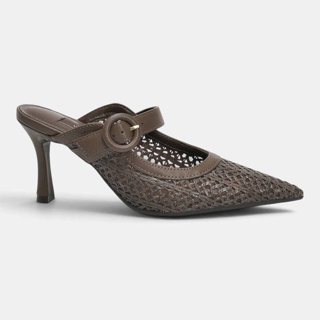 Tamanco Mule Via Marte Elegance Weave Salto Alto Marrom