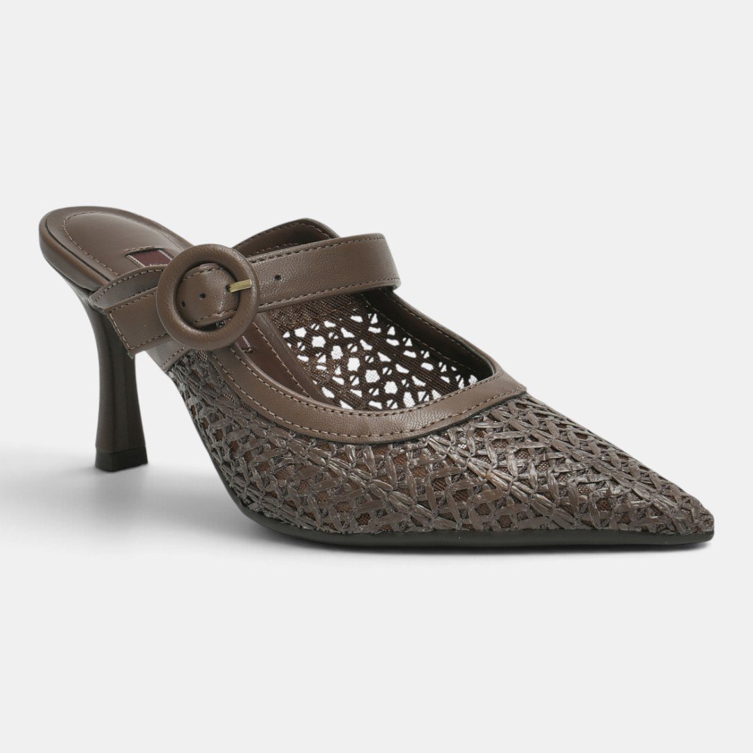 Tamanco Mule Via Marte Elegance Weave Salto Alto Marrom Bege 2