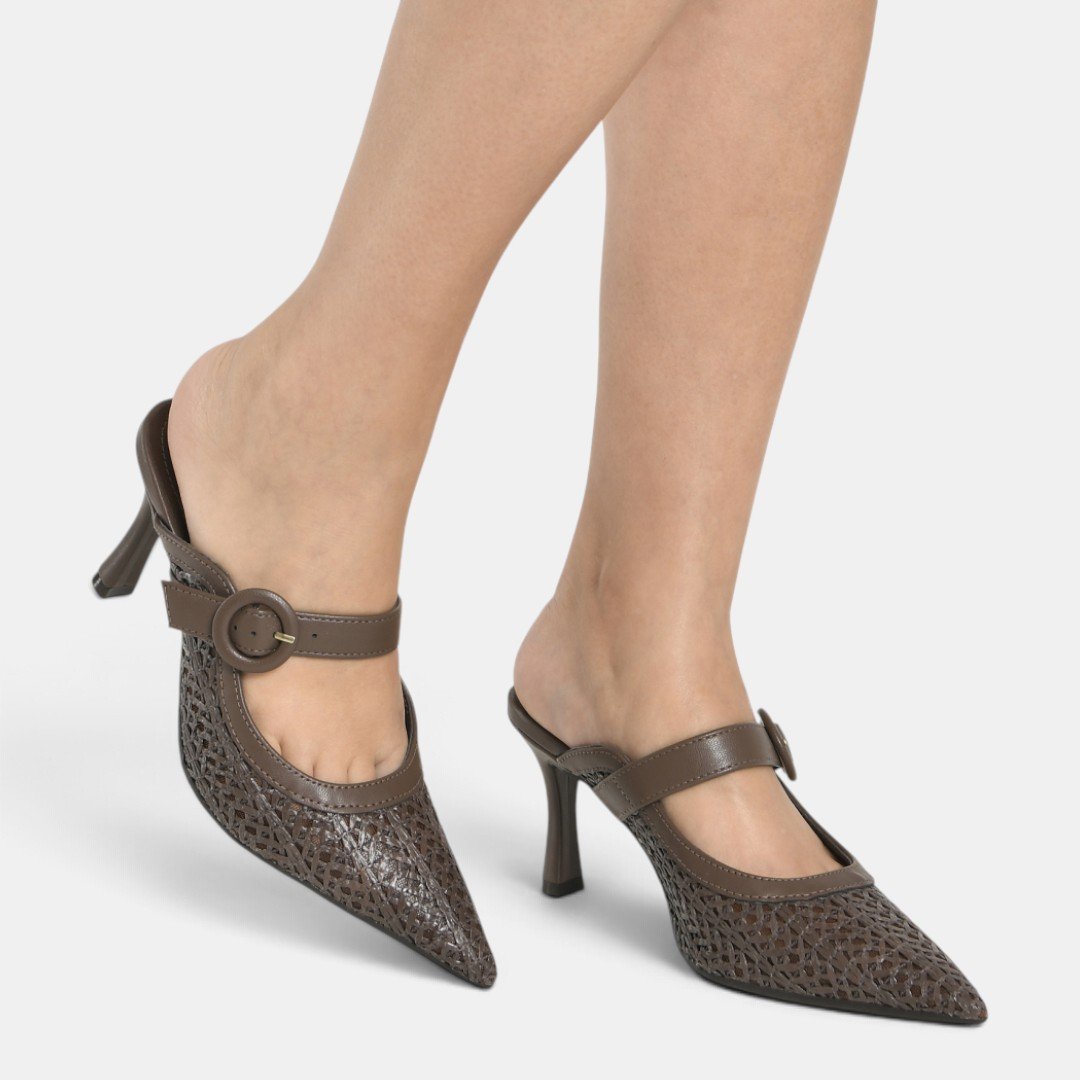 Tamanco Mule Via Marte Elegance Weave Salto Alto Marrom Bege 3