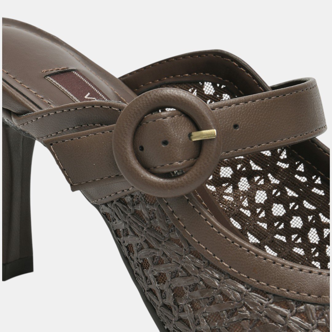 Tamanco Mule Via Marte Elegance Weave Salto Alto Marrom Bege 5