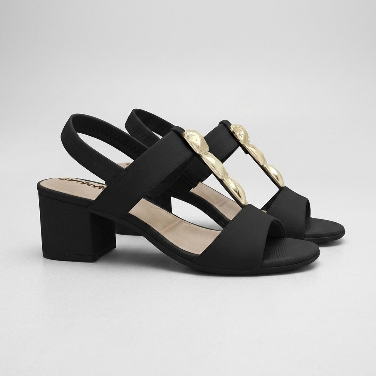 Sandália Comfortflex Salto Bloco Preta Com Enfeite Metalizado Preto 3