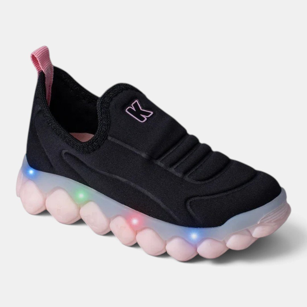 Tênis Infantil Kidy Com Luz Sporty Fun Preto com Rosa Preto 2
