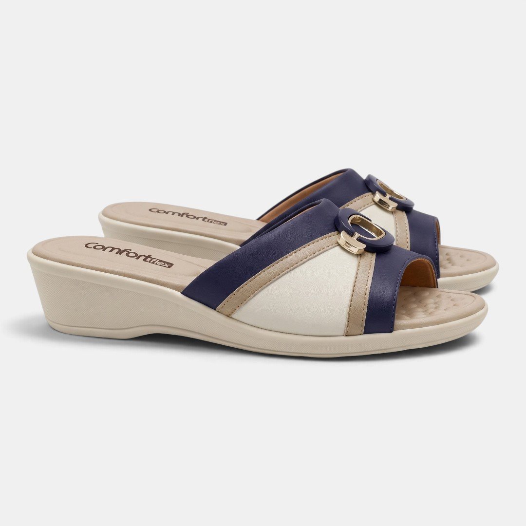 Tamanco Comfortflex Anabela Com Enfeite Metalizado Off White com Azul Branco 2