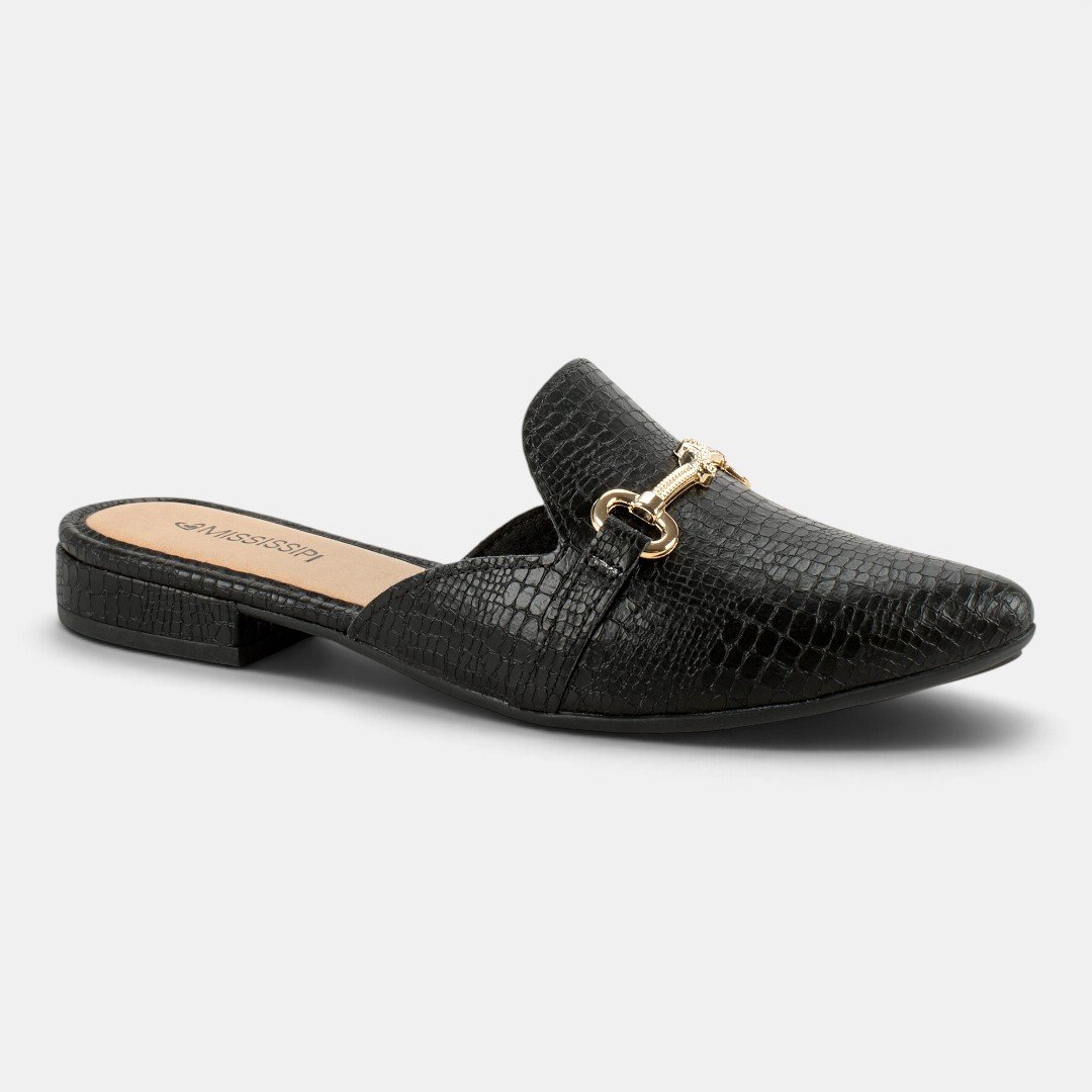 Mule Mississipi Texturizado Com Enfeite Metalizado Preto Preto 2