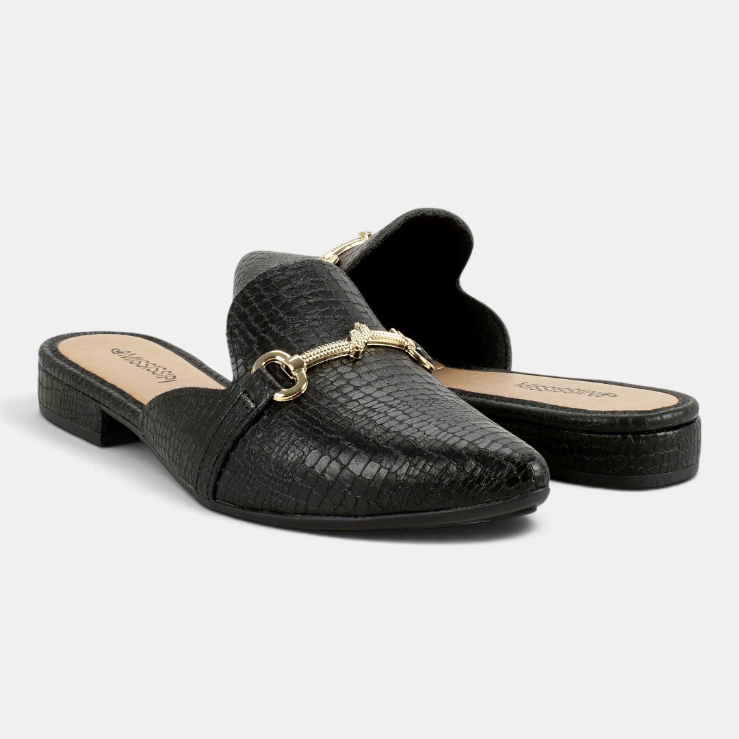 Mule Mississipi Texturizado Com Enfeite Metalizado Preto Preto 7