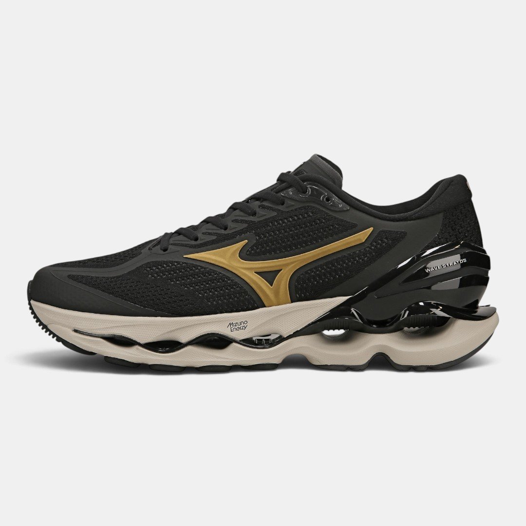 Tênis Mizuno Wave Stratos 4 Preto com Dourado Preto 1