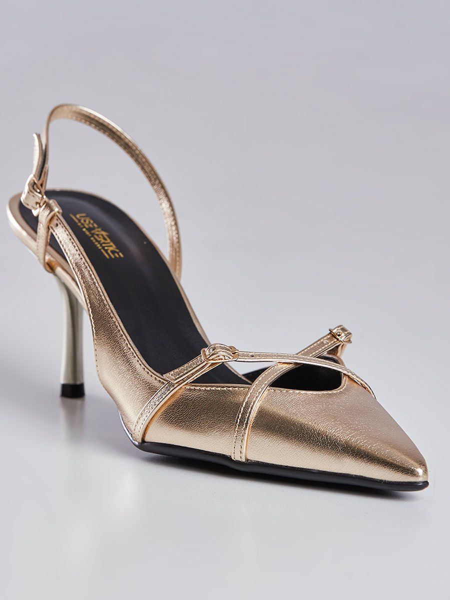 Scarpin Slingback Bico Fino e Salto Alto Dourado Dourado 1