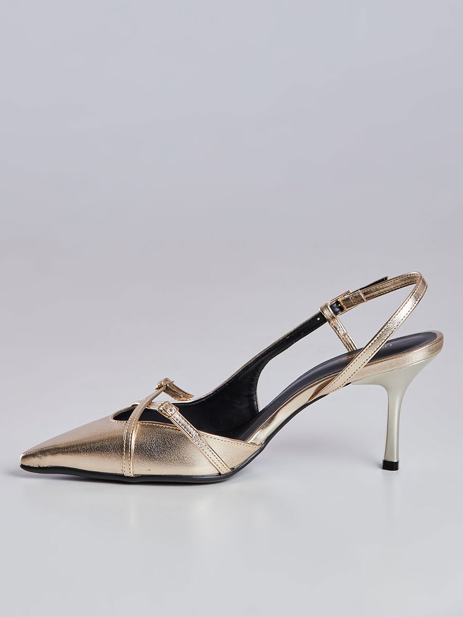 Scarpin Slingback Bico Fino e Salto Alto Dourado Dourado 5