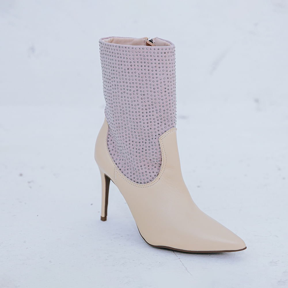 Bota Brilho Salto Fino Bico Fino Offwhite Off White 1