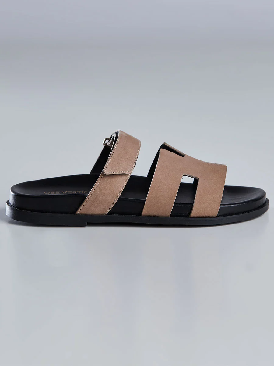 Sandália Slide Feminina com Tiras Largas Bege Marrom 2