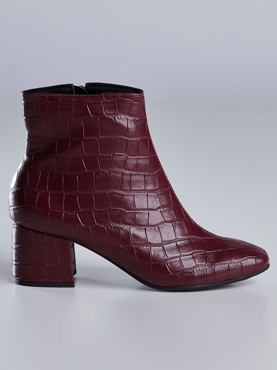 Bota Cano Curto Feminina Couro Croco Vinho Vinho 2